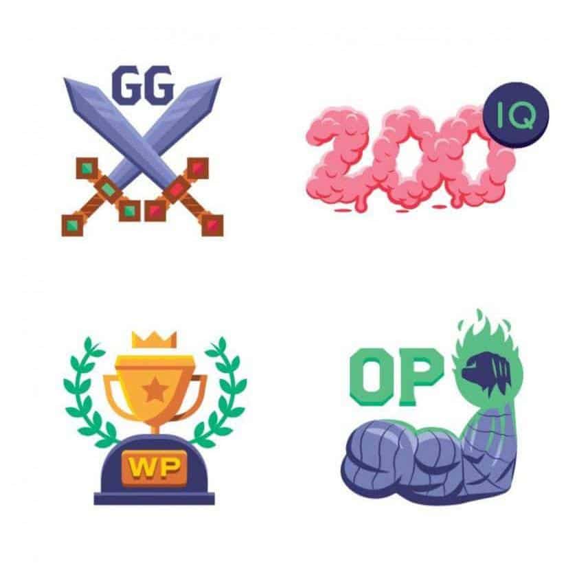 Four illustrated Facebook gaming stickers: crossed swords with GG, pink brain showing 200 IQ, golden trophy with WP, and flexed arm labeled OP