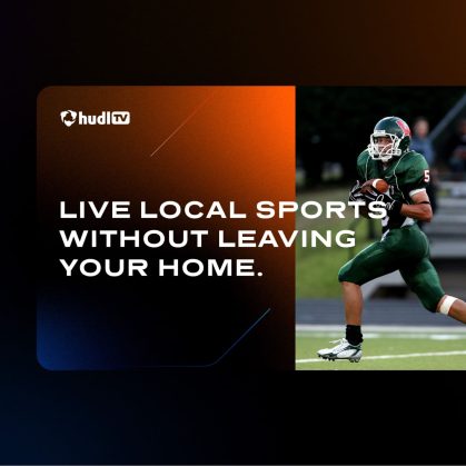 HudlTV branding with high school football player running with ball alongside text promoting live local sports streaming