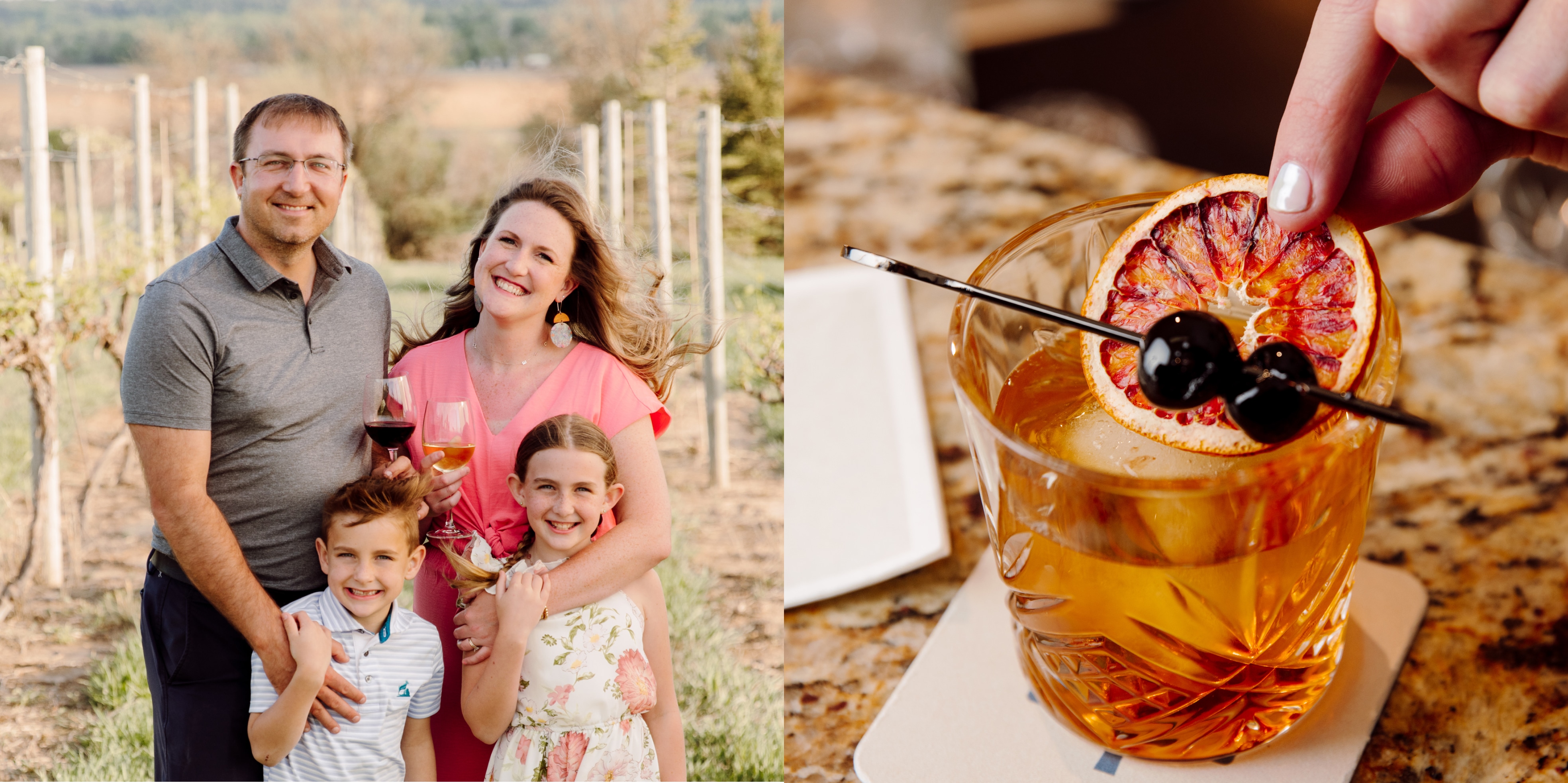 Family of four standing in vineyard holding wine glasses next to close-up of cocktail garnished with grapefruit and cherry